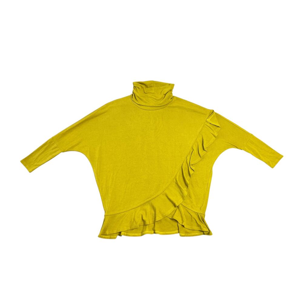 Chelsea & Theodore Chartreuse Asymmetrical Ruffle Turtleneck Sweater SZ SM‎ Chic